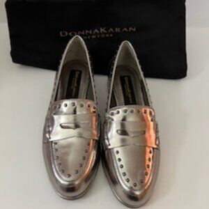 DNKY Women's Leather Metallic Penny Pewter Loafers 5.5M